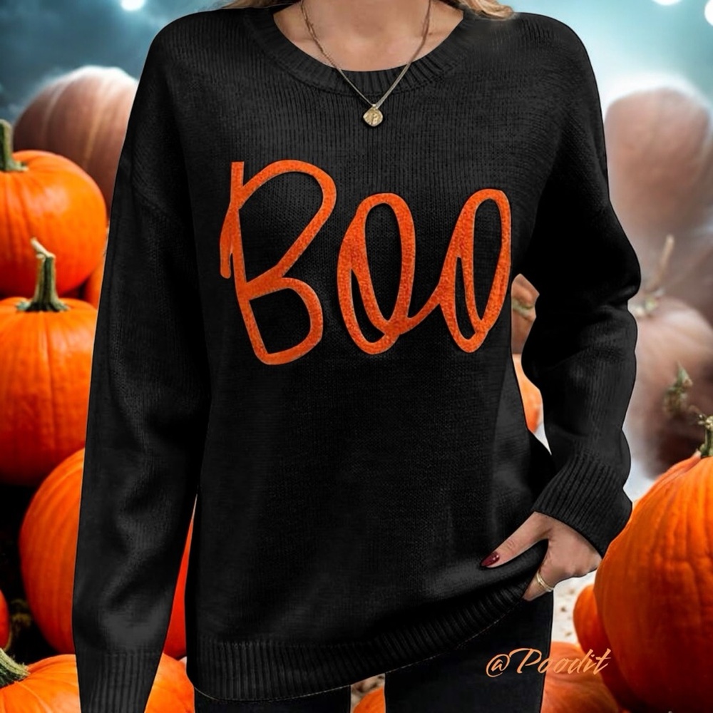POODIT “BOO” chenille lettering crewneck black sweater S M L XL